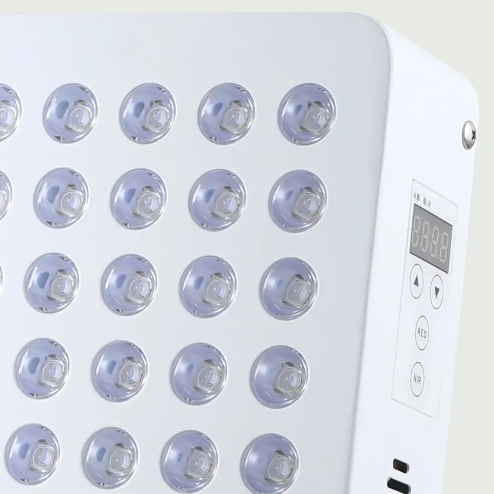 Closeup view of the Red Light Therapy Panel Pro on its adjustable stand, showing the full LED panel and light diodes.