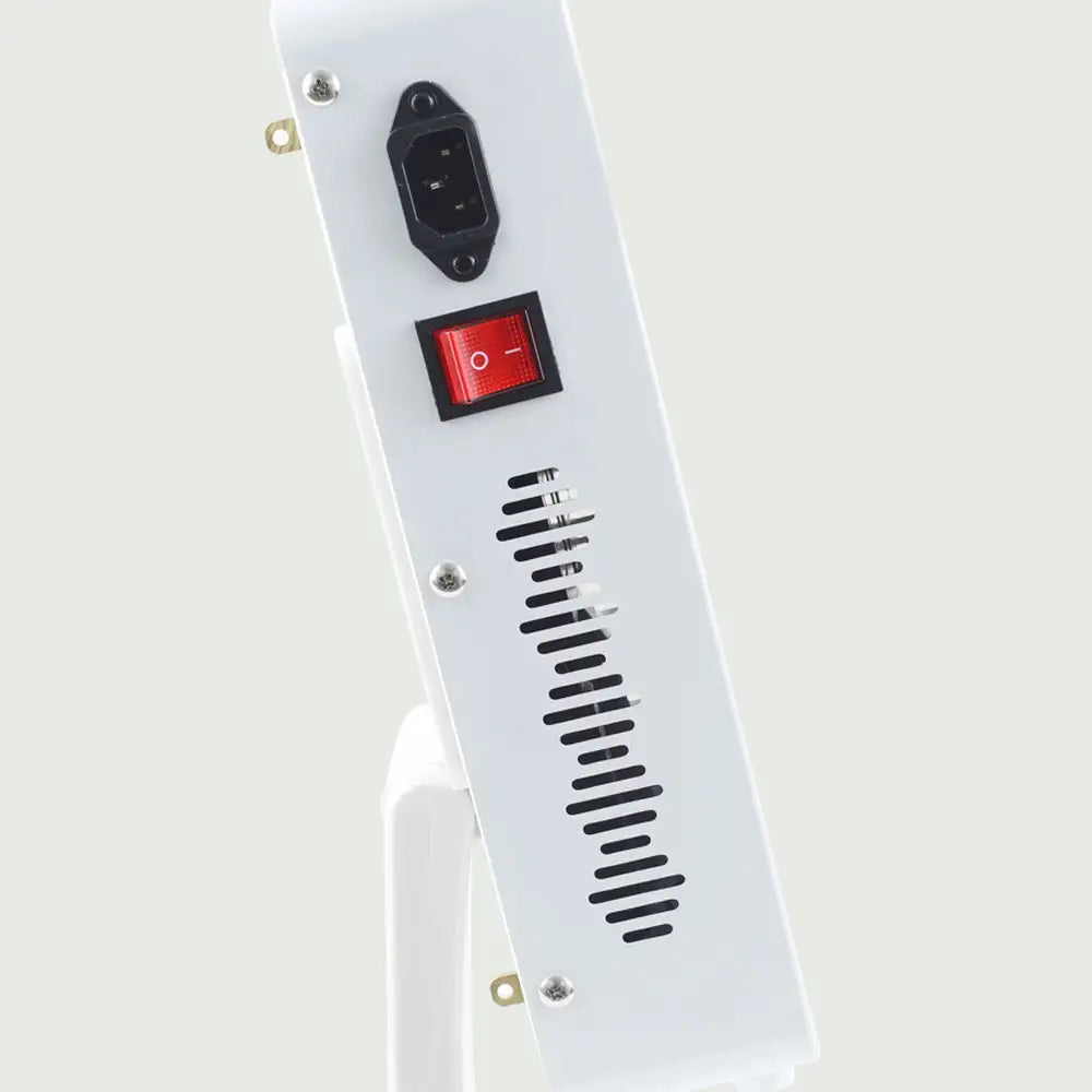 Side view of the Red Light Therapy Panel Pro on its adjustable stand, showing the power switch panel and ventilation cooling port.