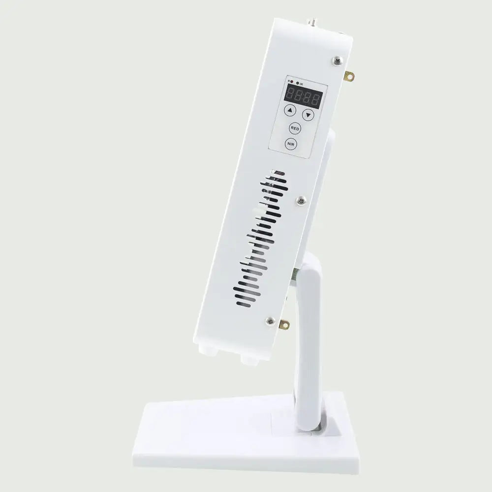 Side view of the Red Light Therapy Panel Pro on its adjustable stand, showing the easy to use control panel, LED screen and ventilation cooling ports.