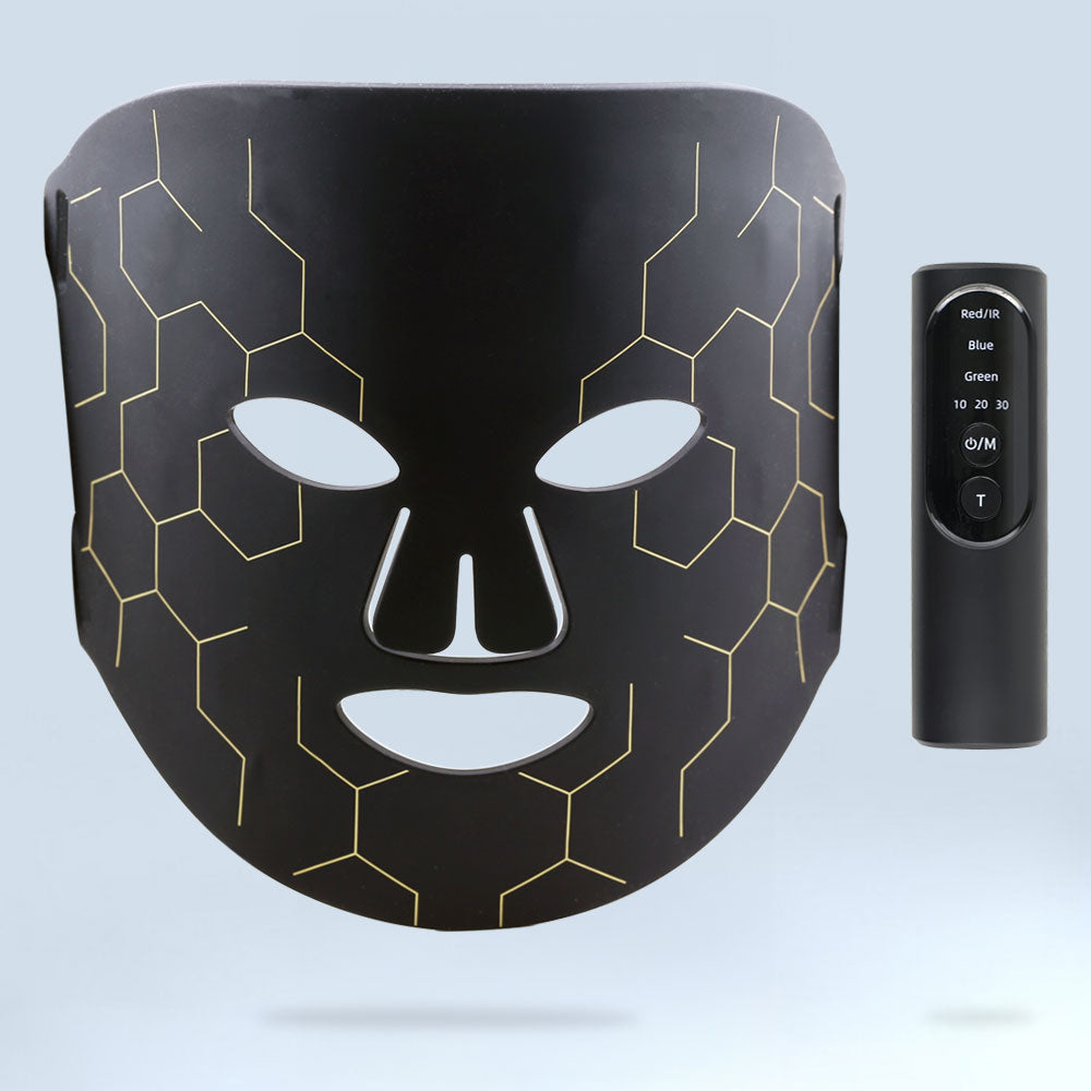 Front view of the LED Light Therapy Mask with included controller, displaying the full mask design and attached cord for operation.