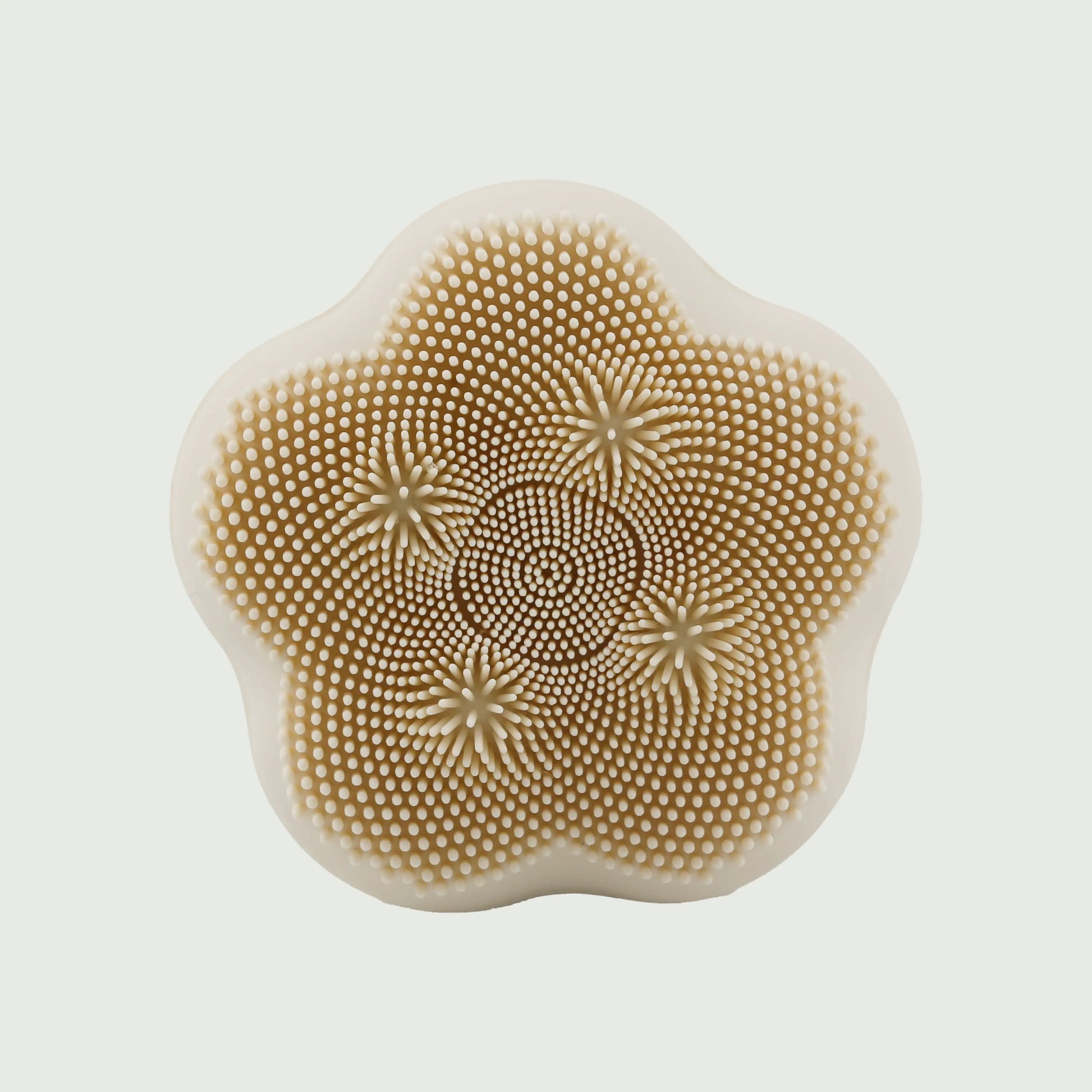 Front-facing view of the Rotating Sonic Cleansing Brush, showing the soft silicone cleansing surface, flower-inspired shape, and compact handheld design.
