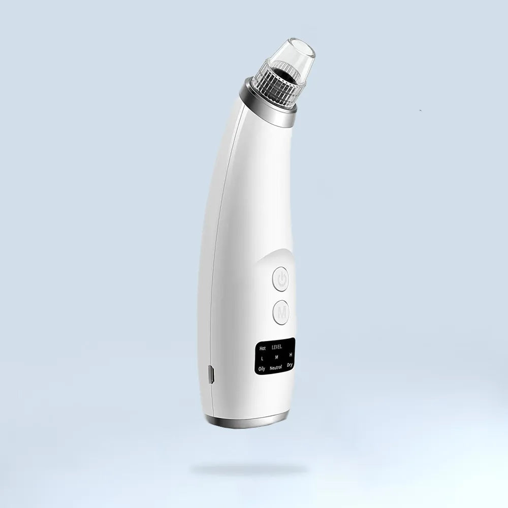 A sleek white precision pore cleanser with digital display and suction head, designed for deep pore cleaning and LED skincare treatment.







