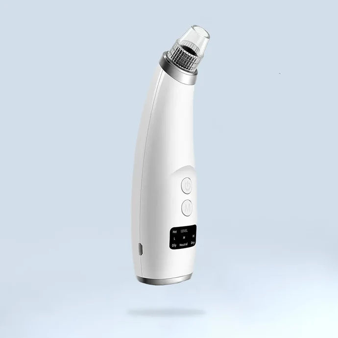 A sleek white precision pore cleanser with digital display and suction head, designed for deep pore cleaning and LED skincare treatment.
