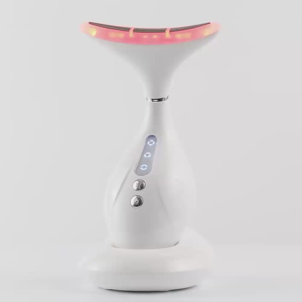 Load video: 360-degree video showcasing the 360 LED Lift and Sculpt device in action. The video demonstrates the device&#39;s ergonomic design, LED light functionality, and how it works with its charging dock. Viewers can see the device from all angles as it highlights skin rejuvenation and sculpting benefits.