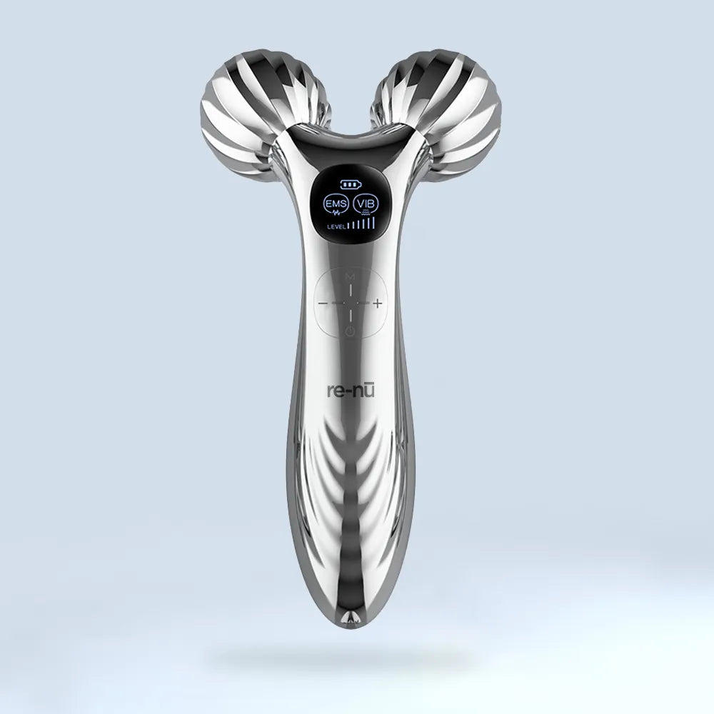 Re-Nu handheld facial massager with dual rollers and digital EMS/VIB settings for LED light therapy and skin rejuvenation.