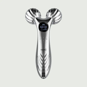 Vibrating EMS Massage Roller featuring dual V-shaped rollers and sleek ergonomic handle, designed for facial and body sculpting.