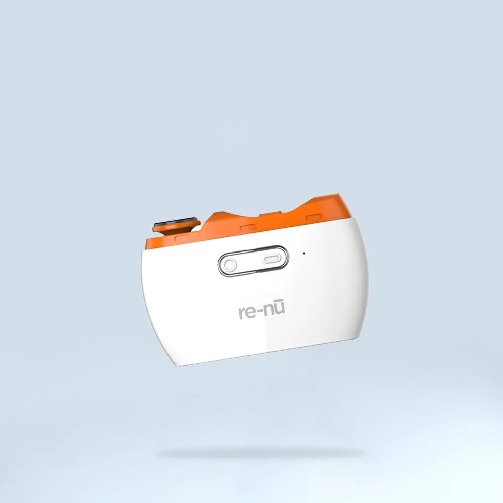 Rechargeable white and orange electric nail clippers by re-nü, featuring a sleek ergonomic design for safe and precise grooming.

