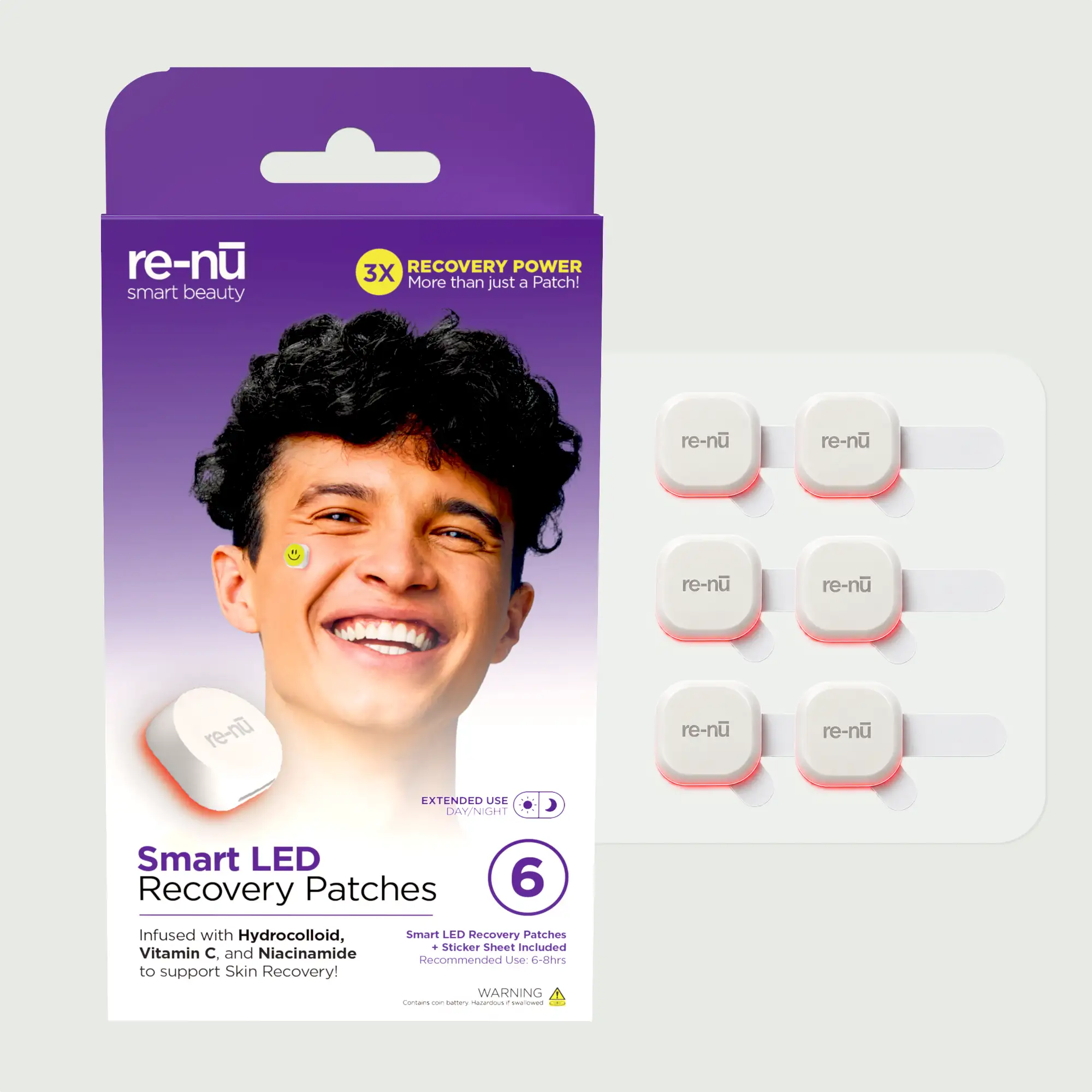 Set of six re-nu Smart LED Recovery Patches, with pull tab and adhesive backing strip with retail packaging