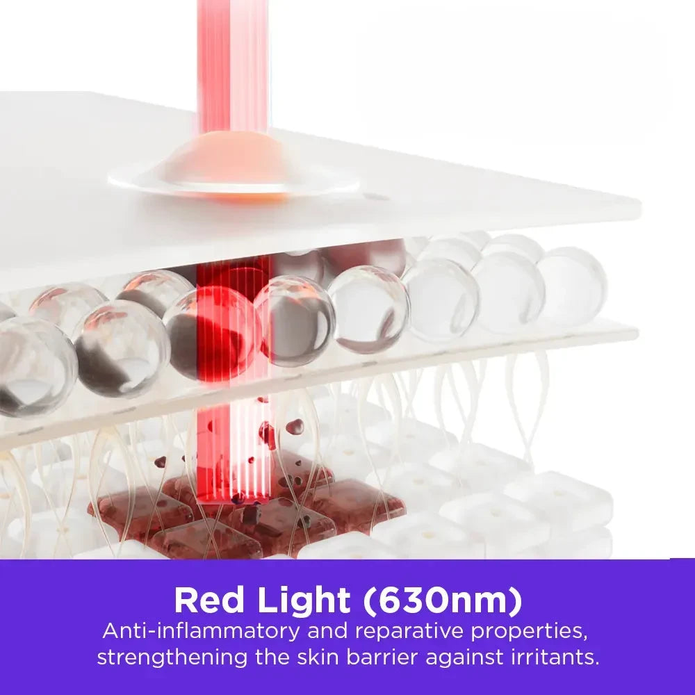 Infographic showing red light (630nm) penetrating the skin with anti-inflammatory and reparative properties, strengthening the skin barrier against irritants.