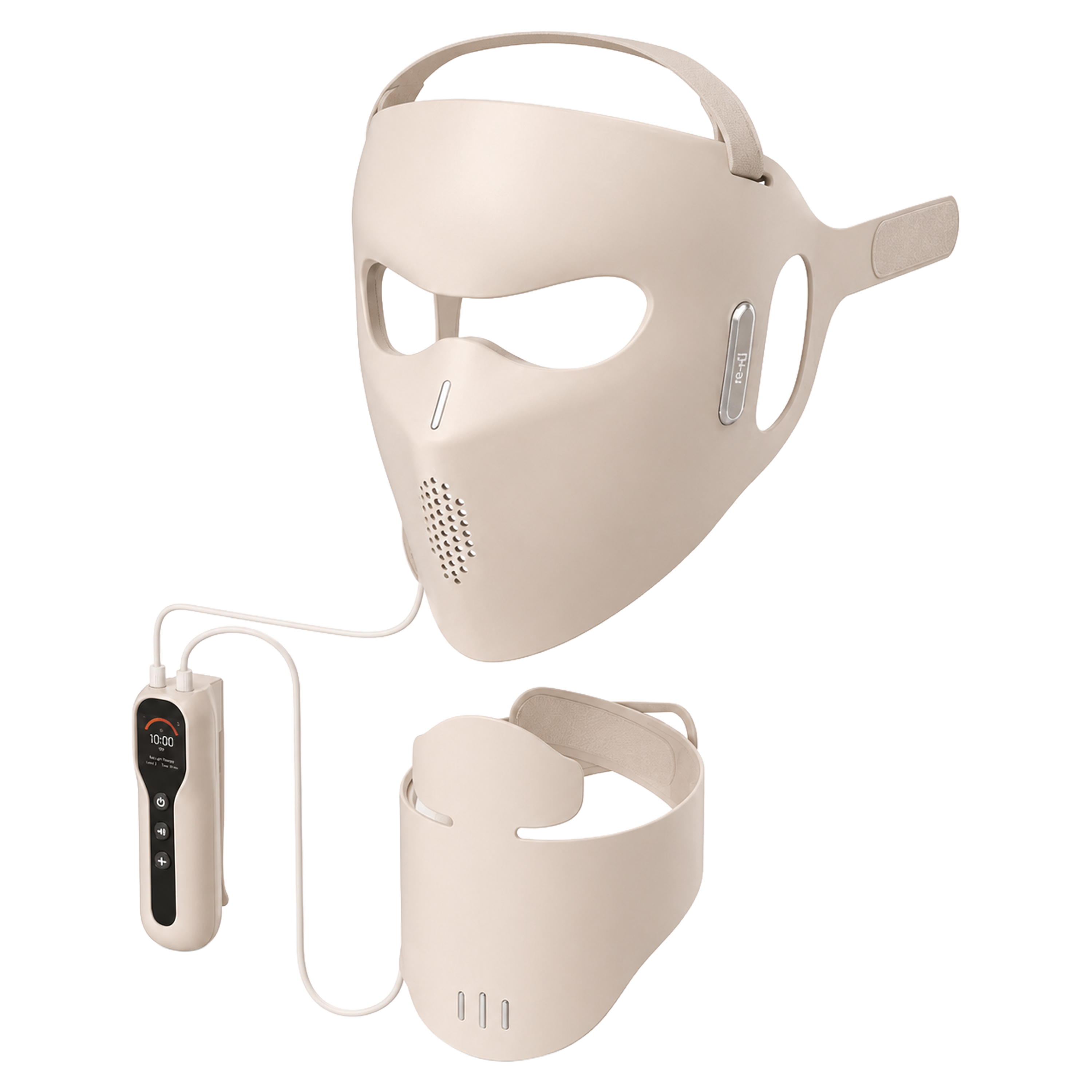 Side angle of soft silicone LED mask with remote, highlighting face and neck coverage.