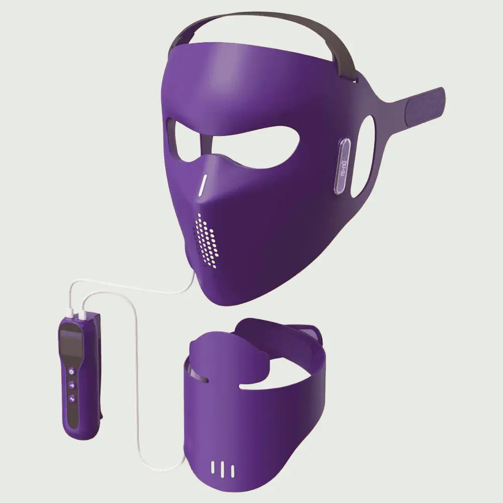 Side angle of soft silicone LED mask with remote, highlighting face and neck coverage.