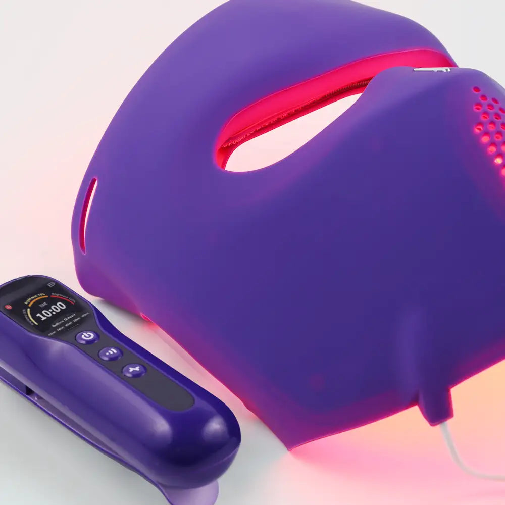 re-nū Silicone LED Face & Neck Mask displayed with controller and mode controls visible.