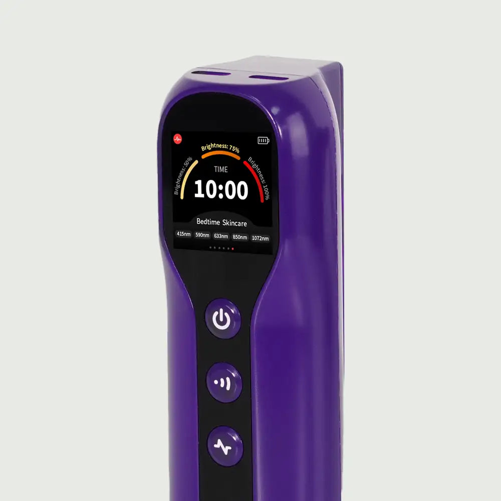 LED face mask controller showing light mode, brightness, and timer settings