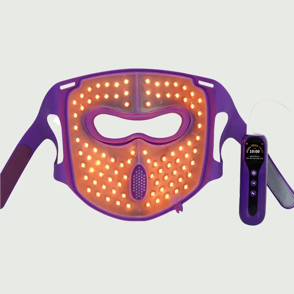 Wireless LED Face & Neck Mask displayed with power button and mode controls, and yellow LED visible.