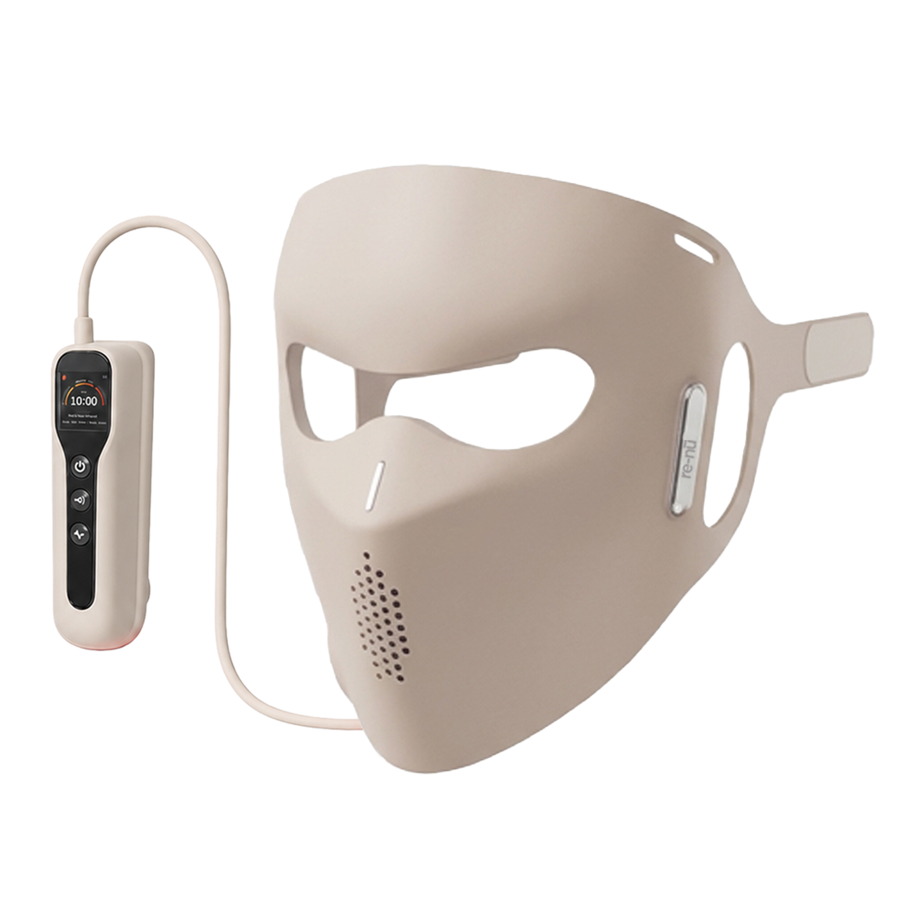 Side angle of soft silicone LED mask with remote, highlighting face coverage.