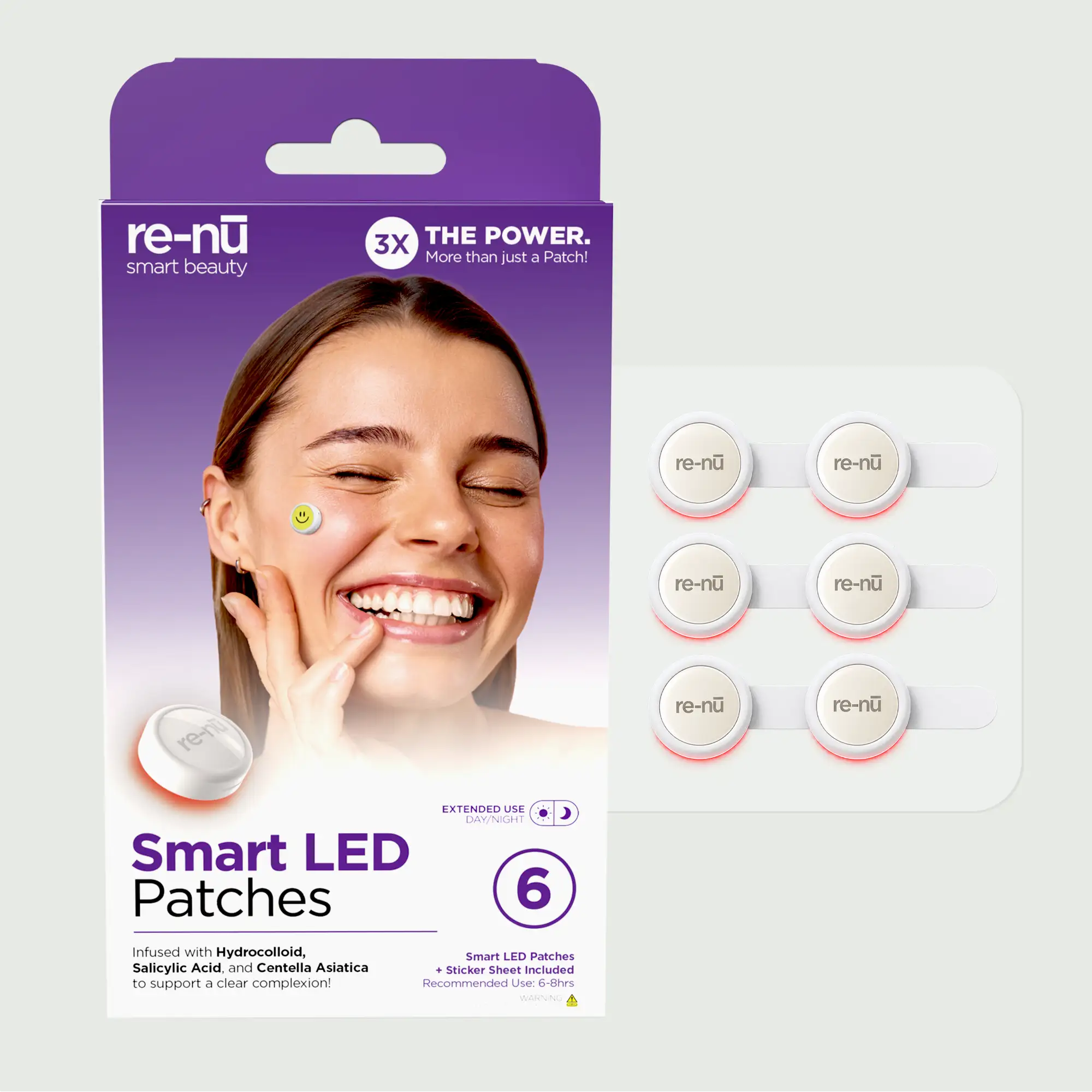 Set of six re-nu Smart LED Patches, with pull tab and adhesive backing strip with retail packaging