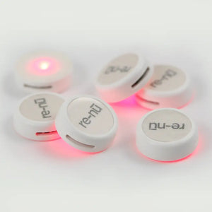 Set of six re-nu Smart LED Patches, illuminating from the powerful Red LED adhesive base.
