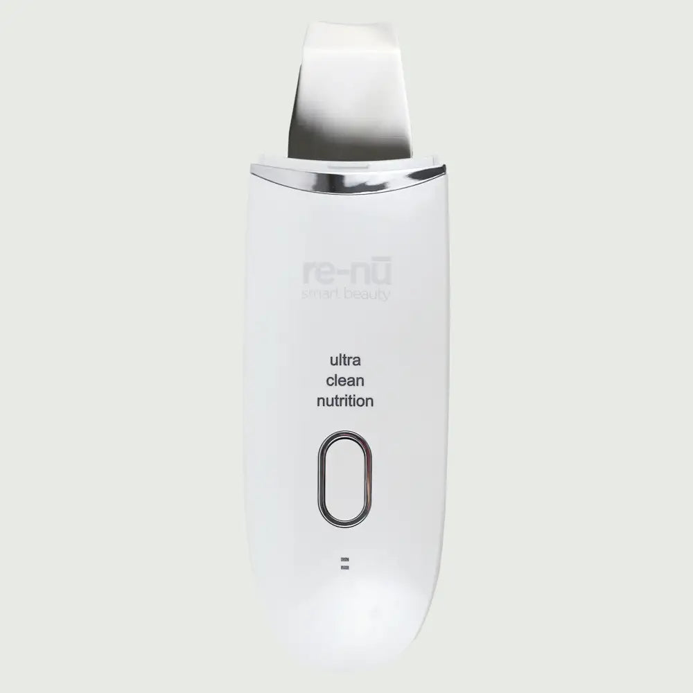 The Ultrasonic Scrubber with Wireless Charge Base, highlighting its sleek design and easy to use mode button.