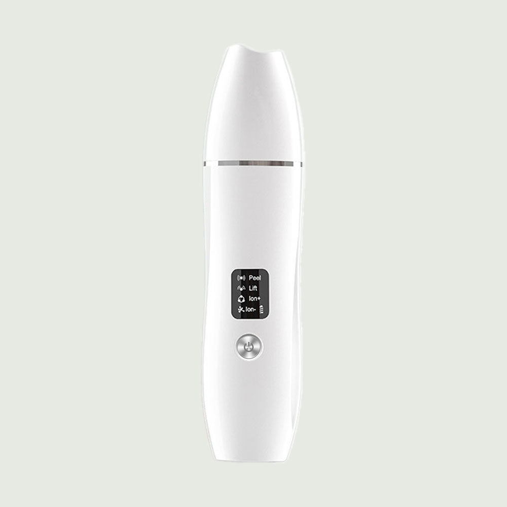 White Ultrasonic Skin Scrubber with lid and LED display, designed for deep pore cleansing and facial exfoliation.