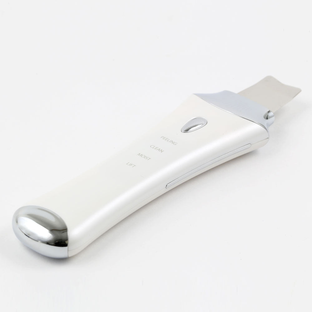 Table view of the Ultrasonic Skin Scrubber with UV Base, a sleek waterproof skincare device designed for deep cleansing, exfoliation, and wireless UV charging.