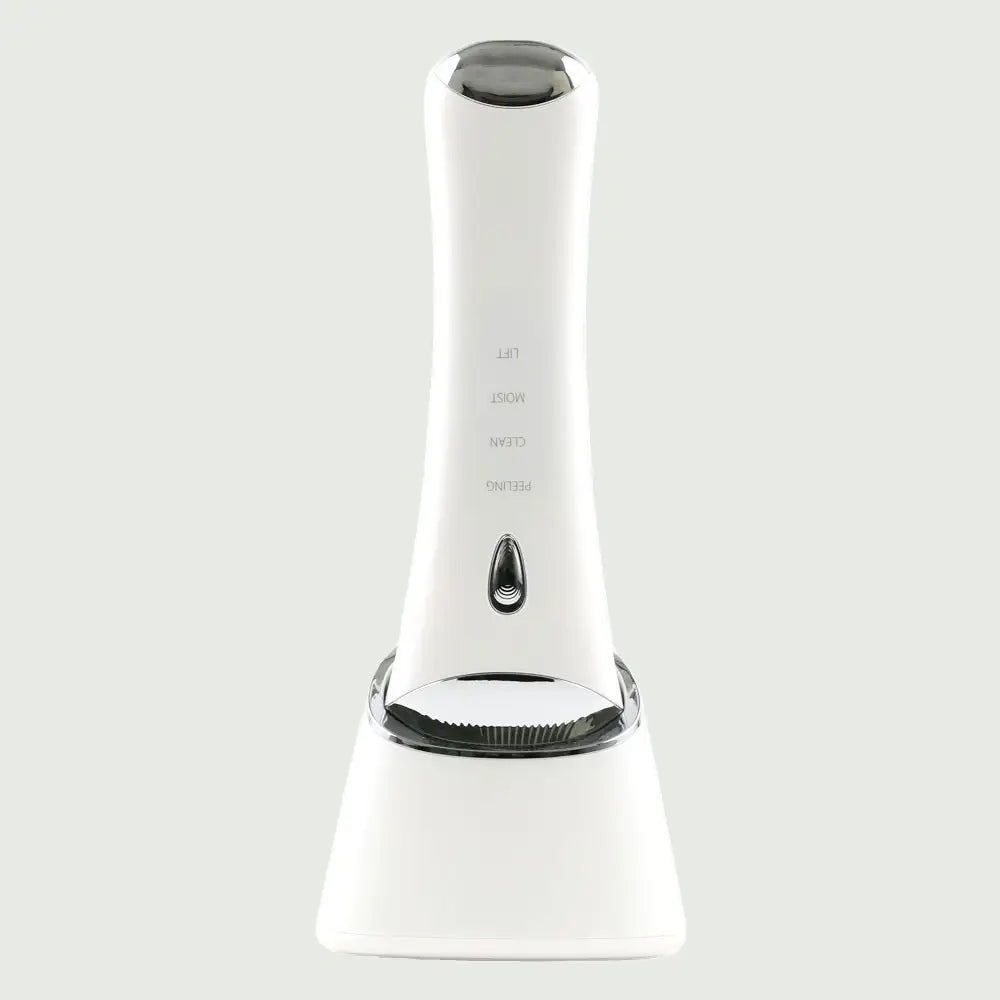 Front view of the Ultrasonic Skin Scrubber with UV Base, a sleek waterproof skincare device designed for deep cleansing, exfoliation, and wireless UV charging.
