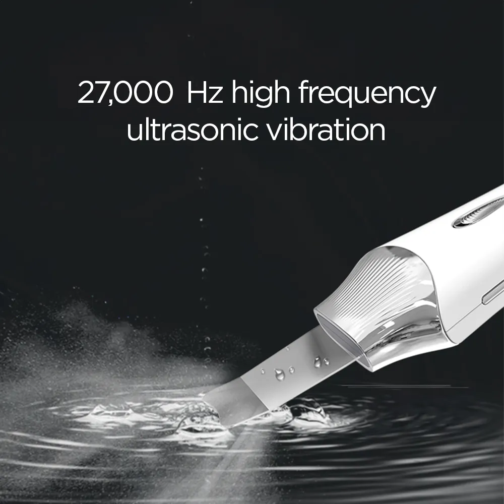 27,000 Hz frequency feature of Ultrasonic Skin Scrubber with UV Base, a sleek waterproof skincare device designed for deep cleansing, exfoliation, and wireless UV charging.