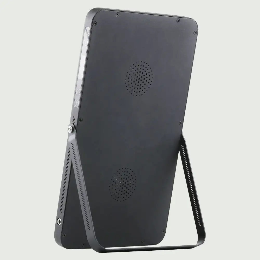 Back view of the LED Red Light Therapy Panel Elite – UltraThin, supported by its stand and showcasing its slim, modern design with dual fan cooling technology.