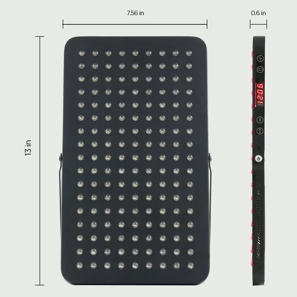 Size chart of the LED Red Light Therapy Panel Elite – UltraThin, shown laying flat with dimensions labeled, alongside a side view highlighting its 0.6-inch super-slim profile.