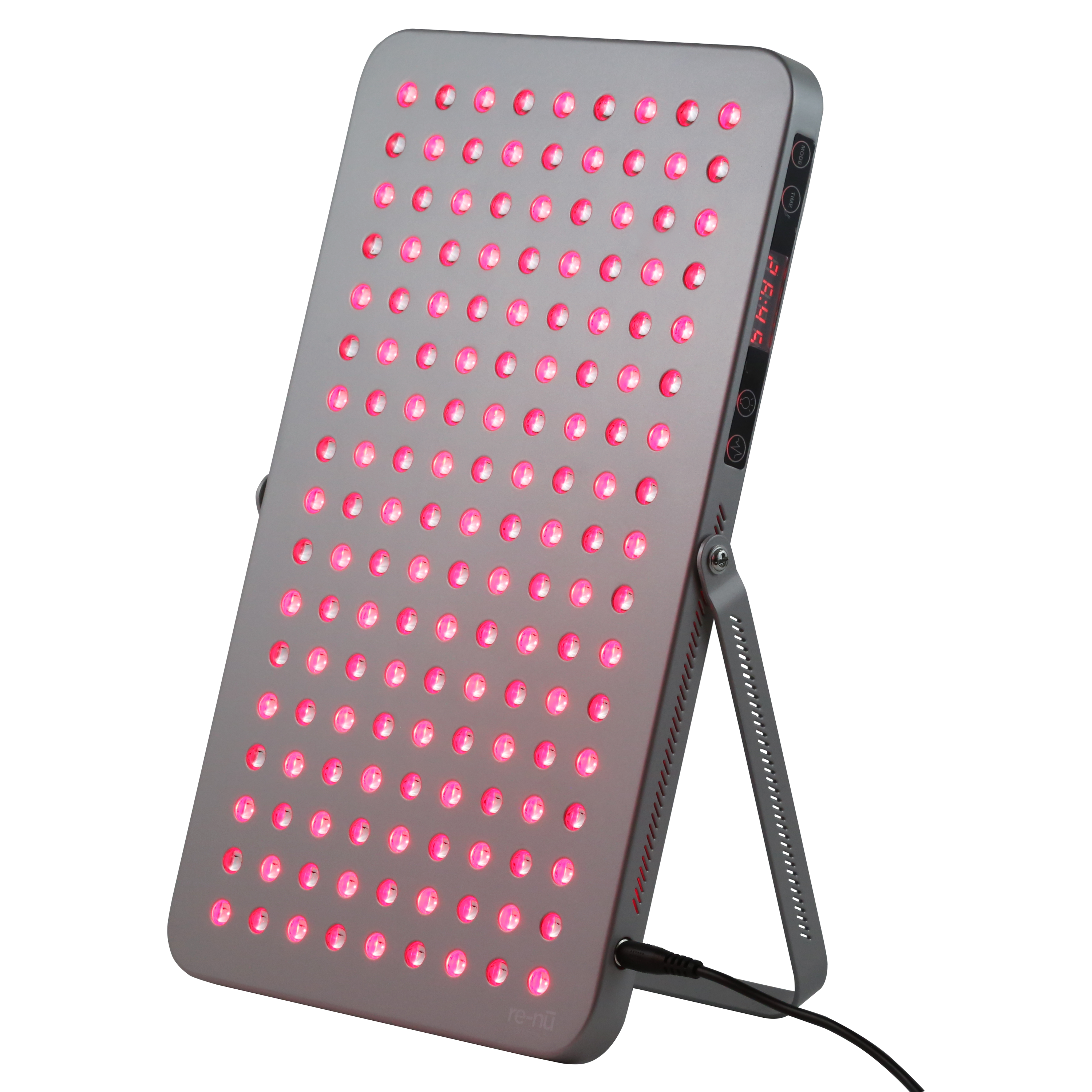Angled view of the Gray LED Red Light Therapy Panel Elite – UltraThin, fully lit with red, near-infrared, and blue LEDs in all modes, supported by its stand and showcasing its slim, modern design and easy-to-read side display.