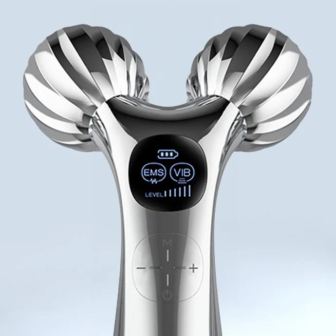 Close-up of the Vibrating EMS Massage Roller with digital display turned on, showing the active settings and power button clearly highlighted on the sleek handle.
